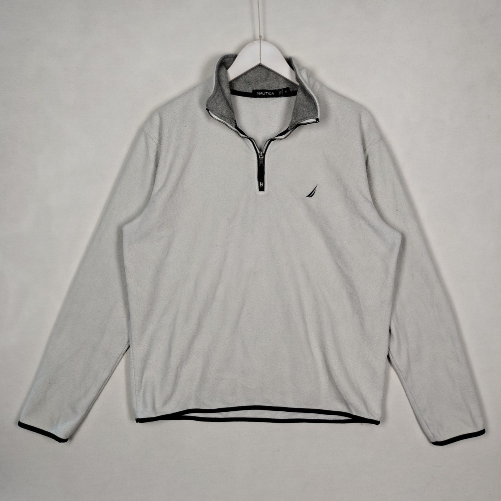 Nautica Mens Quarter Zip Fleece Pullover Light Gray Navy Trim Size M